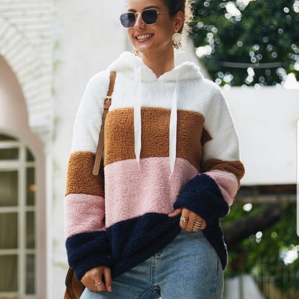 Fuzzy Teddy cut & sew drawstring hoodie sweatshirt